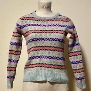 J. Crew Fair Isle Crewneck Sweater 100% Lambswool Size XS Blue / Purple / Orange